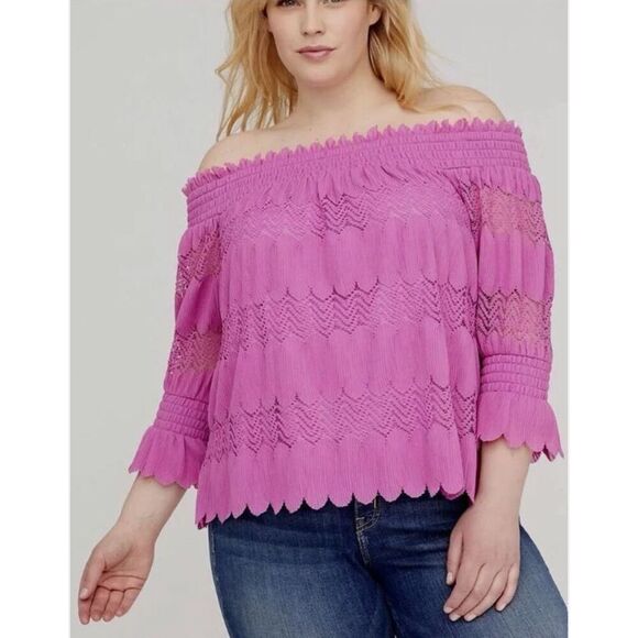Lane Bryant Smocked Off The Shoulder Pink Ruffled Tiered Lace Pleated Top 22/24 - Picture 1 of 7